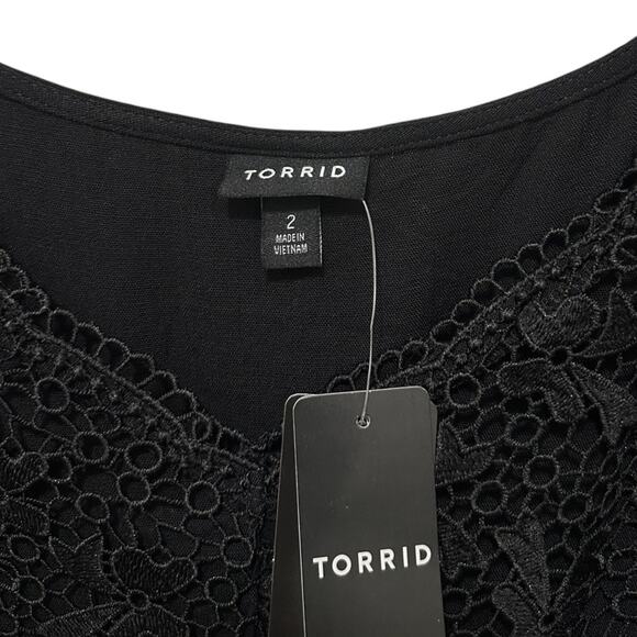 TORRID Dress Womens Size 2X Mini Rayon Slub Balloon Sleeve Lace Inset Deep Black - Picture 6 of 12